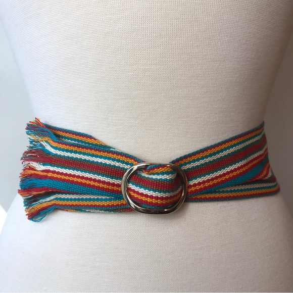Vintage Accessories - Vintage Boho Belt, Fringe, Stripes, Aqua Blue, Orange, Inkle Belt, Woven Fabric